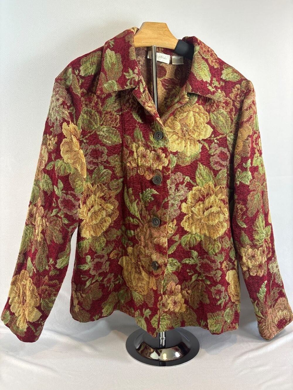 Studio Works Floral Tapestry‎ Jacket Medium Burgundy Cottagecore Button Front